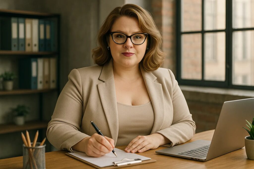 Bobbi Martin, UX researcher and founder of Transformed Works, at a desk with a notepad and laptop